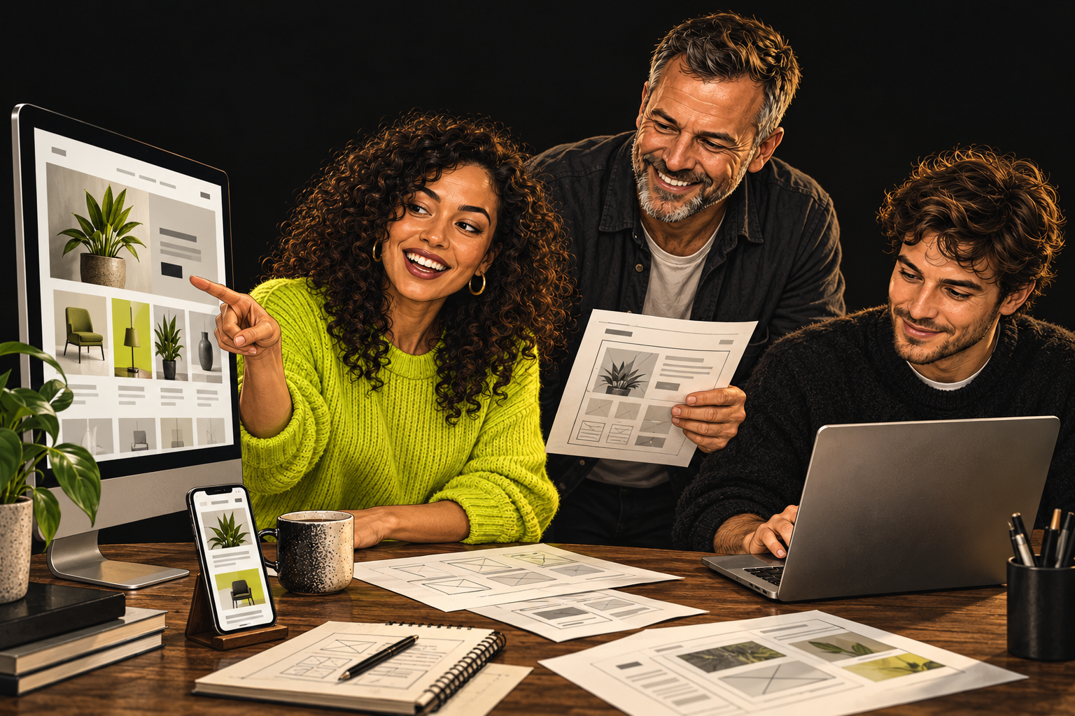 Website designers creating a brand website with desktop and mobile layouts